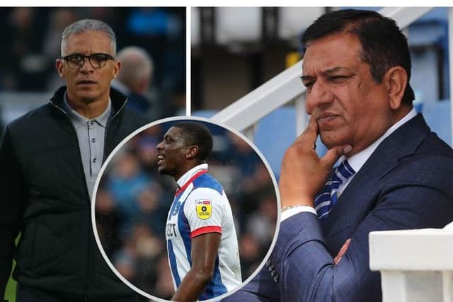 Much of the focus for Hartlepool United heading into transfer deadline day centred on striker Josh Umerah (centre) and the business Keith Curle (left) and chairman Raj Singh (right) could do. MI News & Sport Ltd