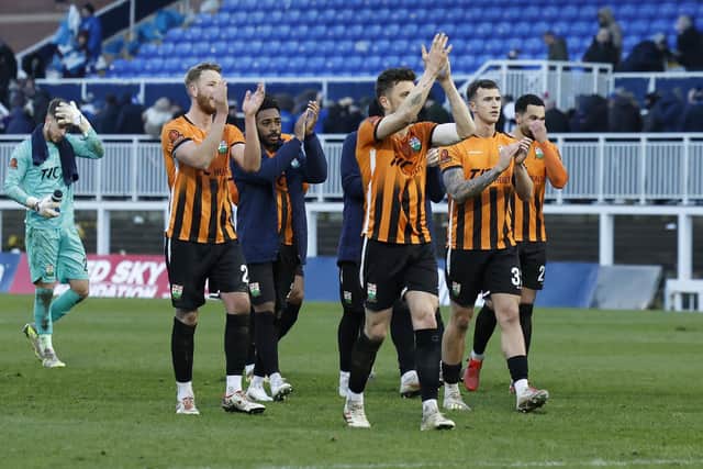 Barnet's players applaud their fans after their victory against Hartlepool United at the Suit Direct Stadium. Photo: Mark Fletcher | MI News.