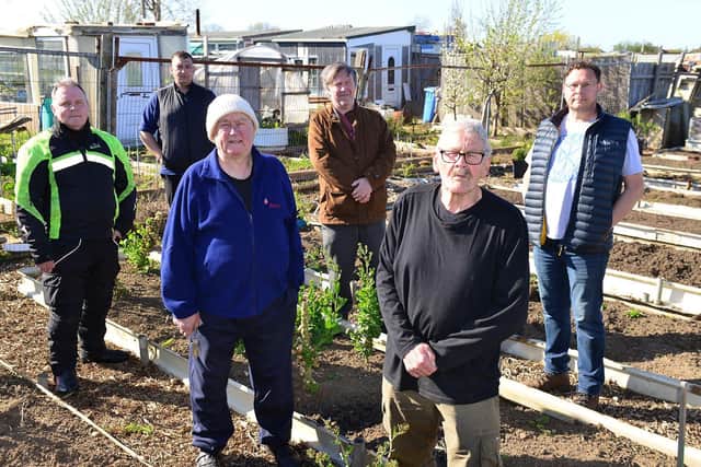 Tom Dyer (rear left) and Terry Hegarty (rear centre) with allotment holders at Stranton allotments.