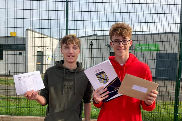 High Tunstall students Max Haughian (left) who was pleased with his results and Josh Bearby who had yet to open his.