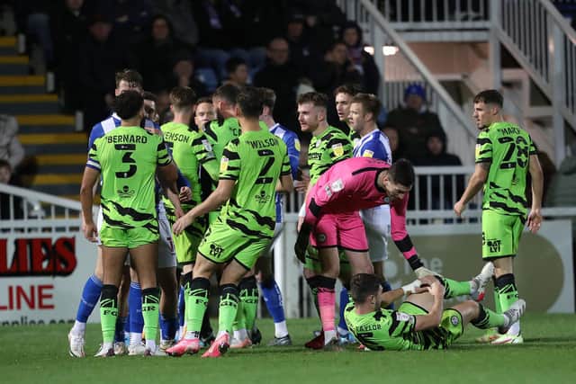 Tempers flare after Hartlepool United's Jamie Sterry fouled Jordan Moore-Taylor during the Sky Bet League 2 match between Hartlepool United and Forest Green Rovers at Victoria Park, Hartlepool on Saturday 20th November 2021. (Credit: Mark Fletcher | MI News)