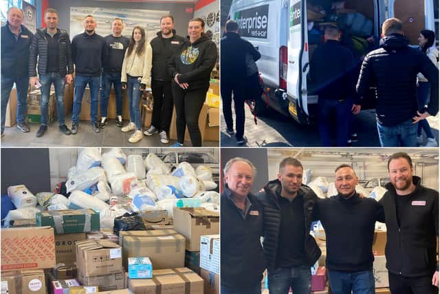 Kevin and Graham Hogg with some of the locals who helped to unload the convoy of aid from Hartlepool.