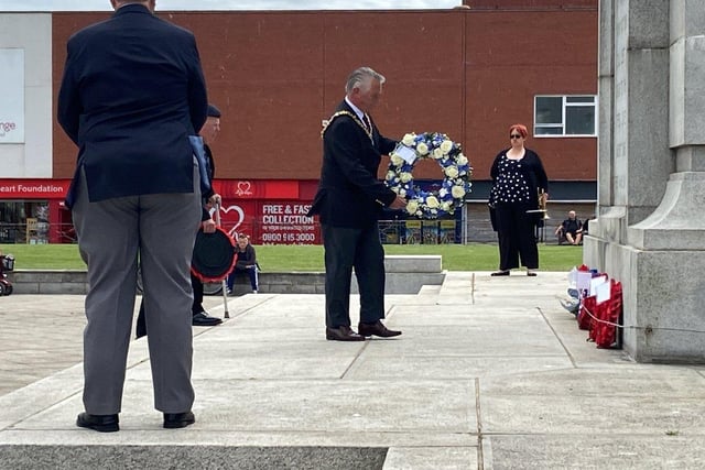The Ceremonial Mayor of Hartlepool Councillor Brian Cowie lays a wreath during the Falklands parade held at the Cenotaph, Victoria Road. Picture by FRANk REID