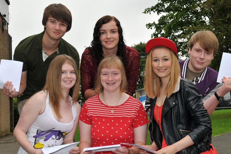 Manor Community Academy pupils Oliver Walker-Tonks, Lily-May Kelsey, Matthew Appleyard, Eleanor Gregory, Kate Lawson and Laura Jenkins celebrate their GCSE exam results in 2012.