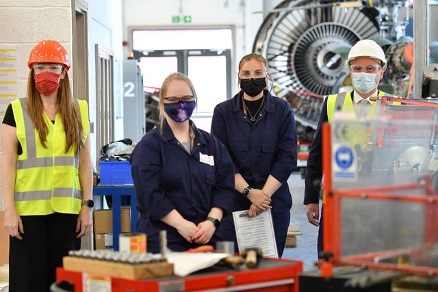 Angela Rayner, deputy Leader of the Labour Party, and Dr Paul Williams, Labour candidate, speak with apprentices in the engineering department at Hartlepool College of Further Education in 2021.