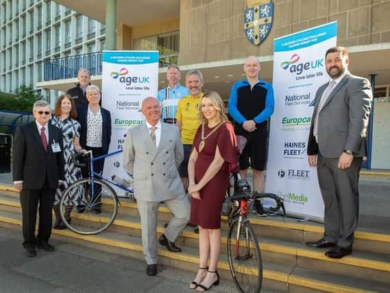 Durham councillor Peter Brookes is taking on a \'five nations\' cycling challenge in aid of Age UK, the nominated charity of Coun Katie Corrigan, the new Mayor of Durham. (L-R) David Haw, Chair Age UK Durham, Miriam Wynd, Deputy Chief Executive of Age UK Durham