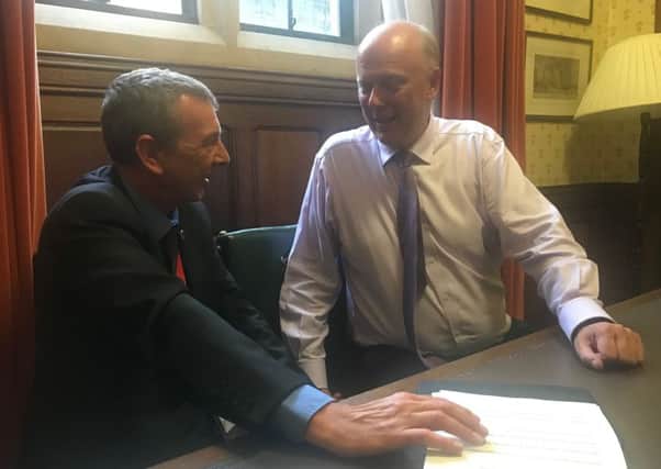 Hartlepool MP Mike Hill (left) meets with Chris Grayling in the Transport Secretary's office in Parliament.