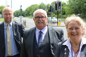 Left-right: Peter Frost, Hartlepool  Councils Highways, Traffic and Transport Team Leader, Councillor Paul Beck and Councillor Brenda Loynes at the Hart Lane traffic lights.
