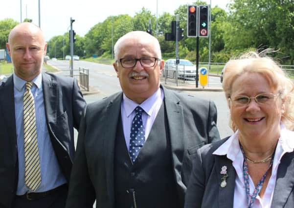 Left-right: Peter Frost, Hartlepool  Councils Highways, Traffic and Transport Team Leader, Councillor Paul Beck and Councillor Brenda Loynes at the Hart Lane traffic lights.