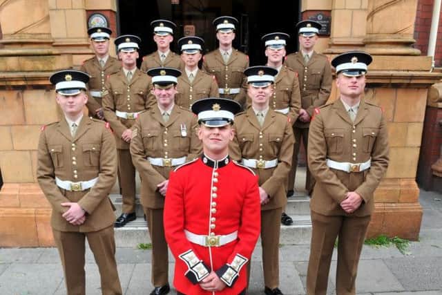Coldstream Guardsman Josh Obeirne (front) with fellow members the regiment who formed a Guard of Honour during his wedding to Danielle Harrison at the Grand Hotel, Hartlepool. Picture by Frank Reid.