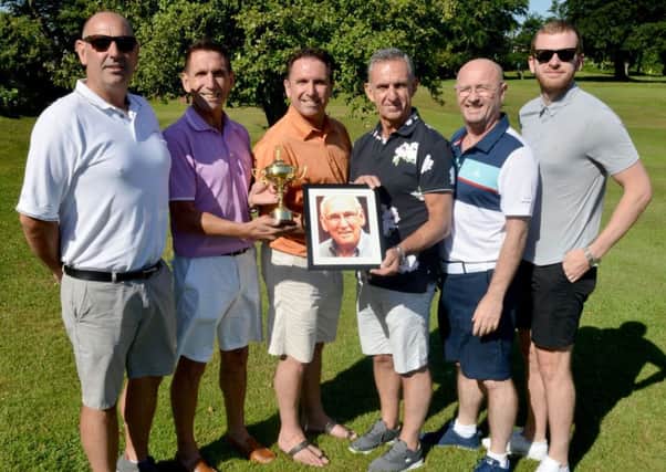 Friends and relatives of former Hartlepool United footballer Normal Oakley (left to right) Darryl Messham, sons Colin, Terry and Keith, Graham Hind and grandson Steven Brown before the start of a golf day at Castle Eden Golf Club.