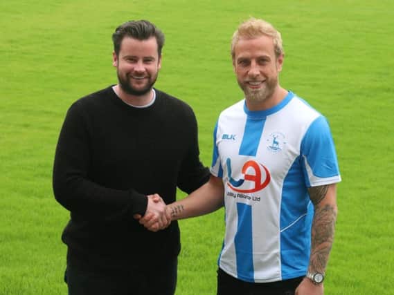 Matthew Bates with summer signing Andrew Davies. Photo courtesy of Hartlepool United.