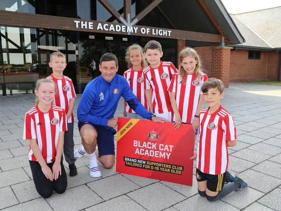 Sunderland AFC boss Jack Ross and young fans launch the new Black Cat Academy.