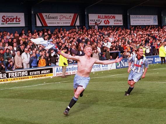 Hartlepool United legend Joe Allon celebrates his famous winning goal at Darlington in 1997. Our letter writer suggests certain Government ministers deserve season tickets at Darlo.