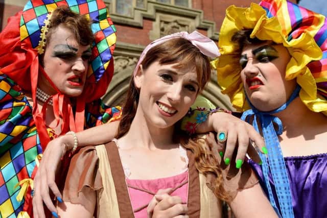 Cinderella (Michelle Roberts) with her Ugly Sisters Joshua Handley (left) and Sean Hynes, outside the Town Hall Theatre, Hartlepool.  Picture by Frank Reid