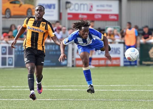 Hartlepool defender Peter Kioso clears with his head during the Vanarama National League match between Maidstone United  and Hartlepool United at the Gallagher Stadium, Maidstone. Credit: Jon Bromley/Shutter Press.