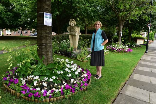 Ann Murray with the Greatham Northumbria in Bloom displays.  Votes for Women display