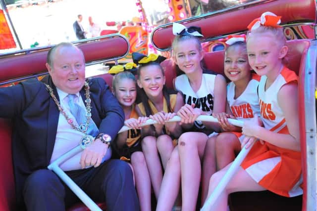 Hartlepool Hawks Cheerleaders join the Mayor Coun Allan Barclay at the opening of Hartlepool Carnival, Town Moor, Headland.