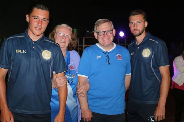 Hartlepool players Josh Hawkes (left) and Lewis Hawkins meet fans at the Disabled Supporters Association Season Launch Party.