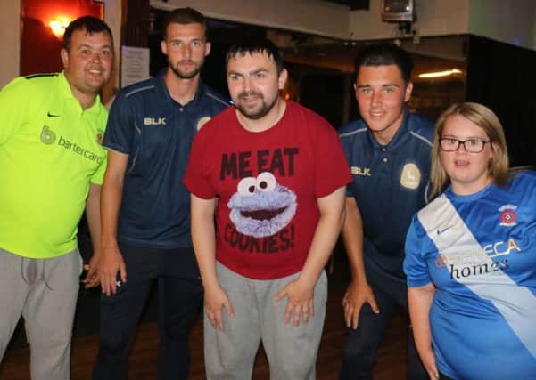 Hartlepool players Josh Hawkes (right) and Lewis Hawkins meet fans at the Disabled Supporters Association Season Launch Party.