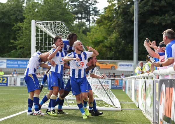 Hartlepool Liam Noble celebrates his goal at Maidstone United. Credit: Jon Bromley/Shutter Press.