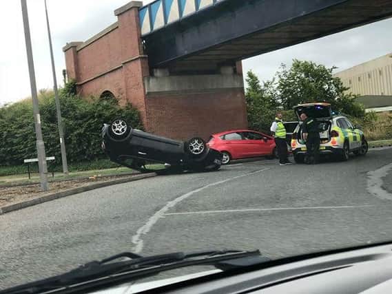 A car on its roof following a crash in Hartlepool earlier today.