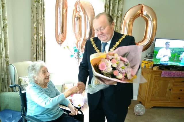 Mabel Longhorn, known as Winnie, with Hartlepool Mayor Allan Barclay on her 100th birthday.