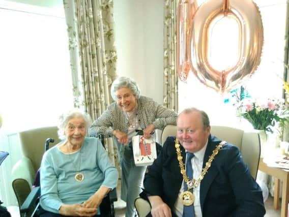Mabel Longhorn, known as Winnie, with sister Joyce and Hartlepool Mayor Allan Barclay on her 100th birthday.