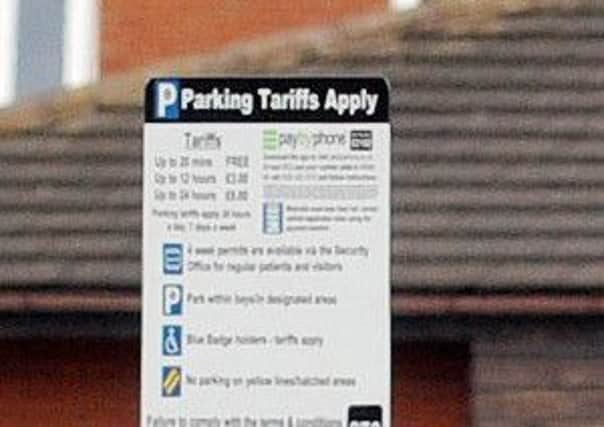 A parking sign at the University Hospital of Hartlepool car park.