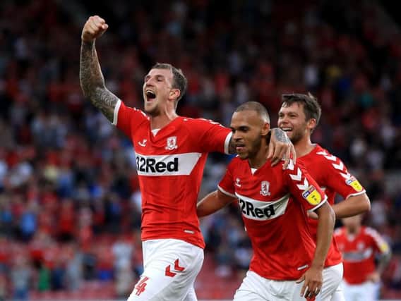 Middlesbrough defender Aden Flint celebrates his goal against Sheffield United.
