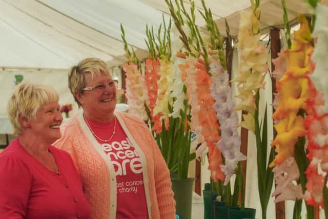 Carol Horlock (left) and Dawn Simms take time out from the Breast Cancer Care stall to admie the blooms in the horticultural section at Peterlee Show on Sunday.