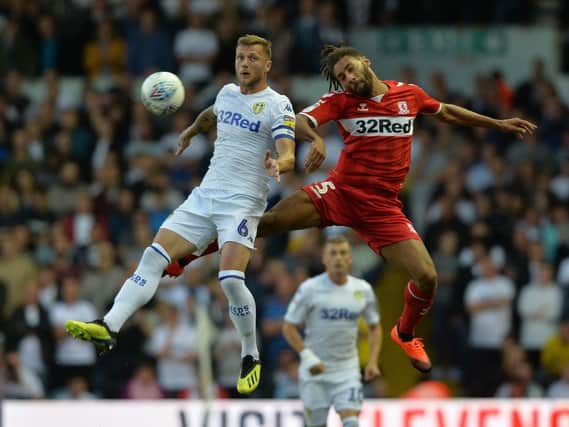 Liam Cooper and Ryan Shotton challenge for a high ball.Leeds United v Middlesborough