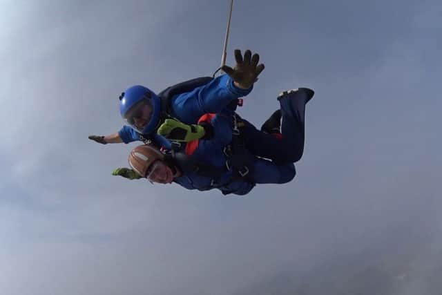 Hartlepool Foodbank trustee Angela Carrick during the tandem skydive for the charity.