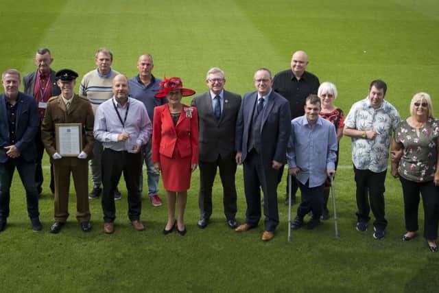Sue Snowdon, Her Majestys Lord-Lieutenant of Durham, is joined by HUFC staff along with HUDSA committee members and volunteers.