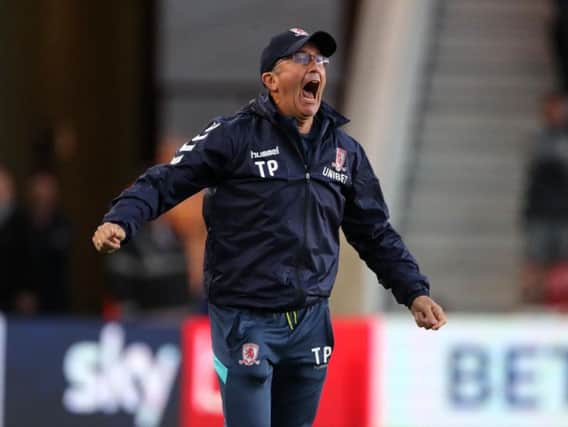 Middlesbrough manager Tony Pulis gestures on the touchline during the Sky Bet Championship match at the Riverside Stadium
