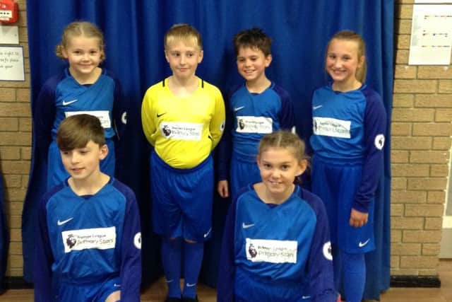 Primary school pupils from the Federation of St. Peters Elwick CE VA and Hart Primary School wearing the new kit.