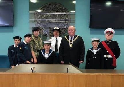 Members of Hartlepool Sea Cadets with Mayor Councillor Allan Barclay in the council chamber.