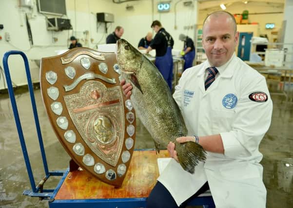 Fishmonger of the year Alan Barker from Hodgson Fish holding a Stone Bass alongside his winners shield. Picture by FRANK REID