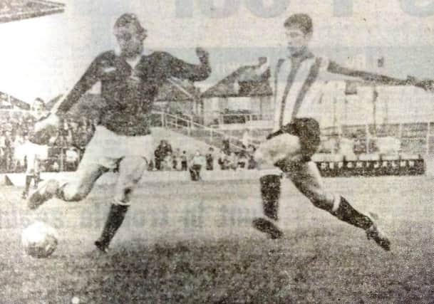 Malcolm Poskett goes close for Pools against Brentford.