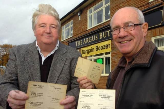 Dave Richards, left, and Brian Stoker, with Peterlee Jazz Club cards promoting the Led Zeppelin concerts.