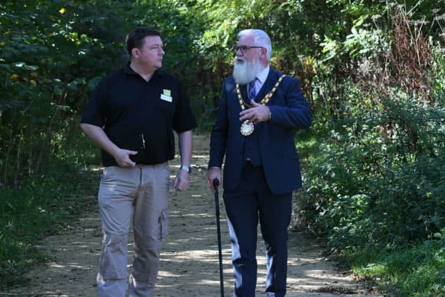 Oakerside Dene Lodge senior reserve manager Joe Davies, left, with the Mayor of Peterlee Coun Scott Meikle on the newly-refurbished disabled access trail trail.