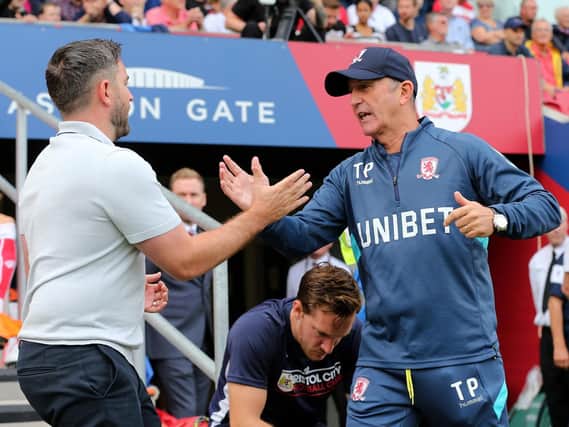 Middlesbrough manager Tony Pulis shakes the hand of Bristol City manager Lee Johnson