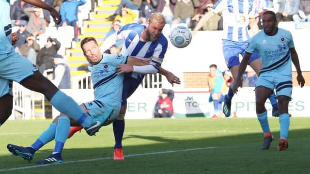 Hartlepool United's Andrew Davies scoring his team's second goal during the Vanarama National League match between Hartlepool United and Boreham Wood at Victoria Park, Hartlepool on Saturday 6th October 2018. (Credit: Steven Hadlow | Shutter Press)
Â©Shutter Press
Tel: +44 7752 571576
e-mail: mark@shutterpress.co.uk
Address: 1 Victoria Grove, Stockton on Tees, TS19 7EL