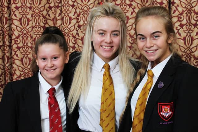 Molly Scott (centre) with classmates Katie Davison and Elle Sullivan as a pupil at English Martyrs in Hartlepool