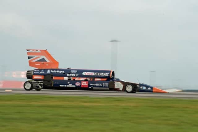 The Bloodhound 1,000mph supersonic racing car during its first public run at Cornwall Airport, near Newquay. Picture: Ben Birchall/PA Wire
