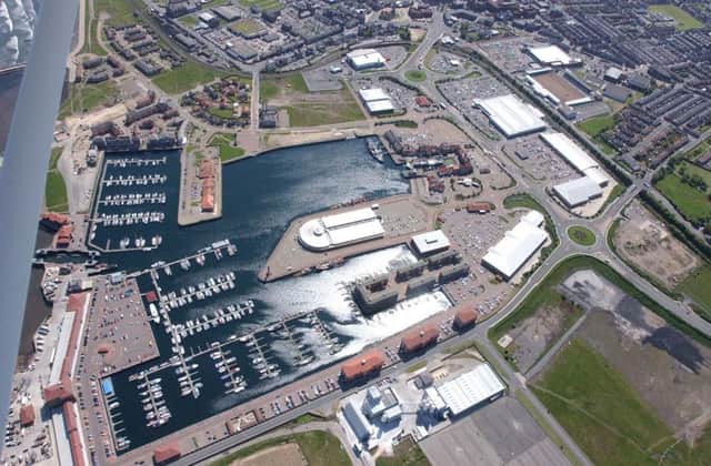 An aerial 2005 view of Hartlepool Marina with Jacksons Landing making a striking feature in the centre of the shot.