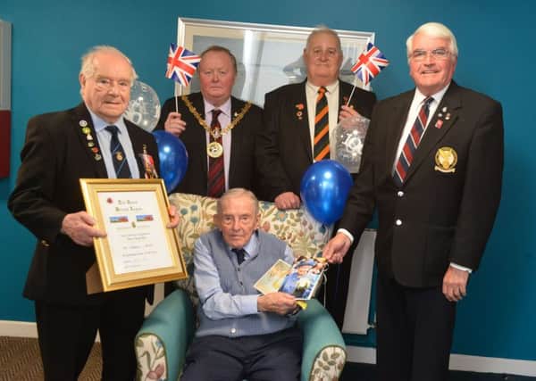 Terry Lewis, front, with  from left, Royal British Legion's Charlie Humphrey, Hartlepool Mayor Allan Barclay, Royal British Legions  Danny Madge and David Stacey
