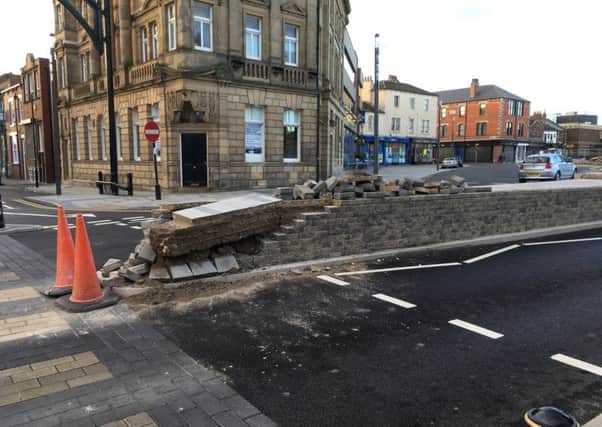 The damaged wall in Church Street that was recently rebuilt as part of a multi-million pound regeneration work