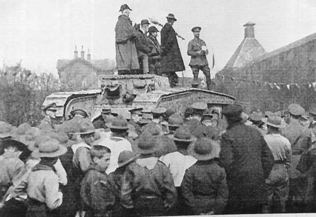 General Swinton presents Egbert the tank to the people of Hartlepool. Photo courtesy of the Central Library in Hartlepool.