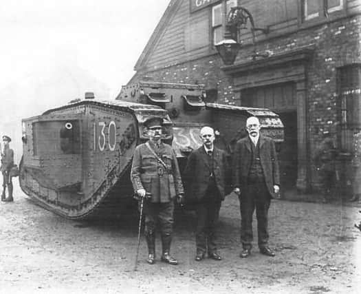 Colonel Robson, Coun Edgar, and Coun Nelson with Nelson the tank at the Hartlepool Armoury. Photo courtesy of the Central Library.